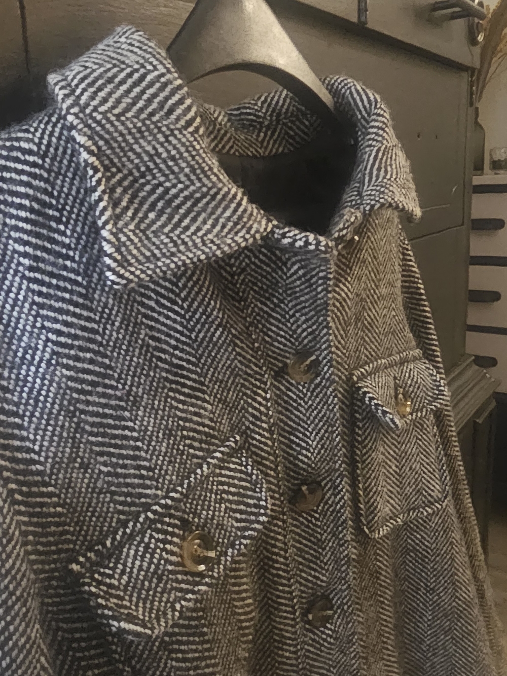 Womens Herringbone Trench Coat - Black & White